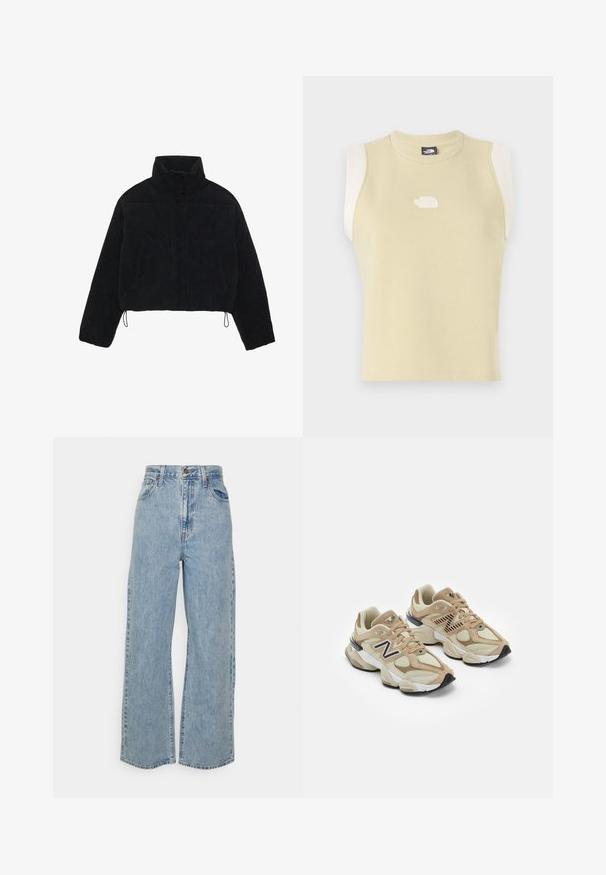 Mustmust kootud lühikeses jopes kõrge kaelusega, nupuvajutustega kinnitused ja kaks külgtaskut. Erakordne omadus on reguleeritav nöörike hemil.; Vähemalt varrukatega heledakollane puuvillane särk, millel on ümar kaelus. Omab kontrastsete kreemjate õlavarrepaneelide ja tekstuurse logoga rinnal.; Heledad sinine laia säärega teksapüksid kõrge vöökohaga, esine nööp ja tõmblukk, viie tasku disainiga, ühelooduses taustal.; Beežid spordijalatsid, mis on valmistatud võrgust ja nahast materjalidest. Omavad musta logo ja tekstuure aktsente. Paks valge vaheosa ja must kummist välistald.