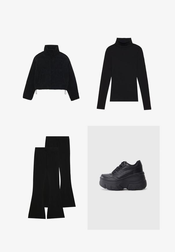 Zwarte corduroy cropped jas met een hoge kraag, drukknoopsluiting en twee zijzakken. Voorzien van een verstelbare trekkoord aan de zoom.; Zwarte turtleneck met lange mouwen, gemaakt van ribbelstof, heeft een aansluitend ontwerp met een hoge hals en geen patronen of accenten.; Zwarte flared broeken gemaakt van rekbare stof, met een hoge tailleband en een gladde textuur, met een aansluitend ontwerp dat vanaf de knie uitloopt.; Zwarte vetersneakers met een dikke zool, voorzien van een bovenwerk van soepel leer, een ronde neus en een herkenbaar gelaagd platformontwerp.