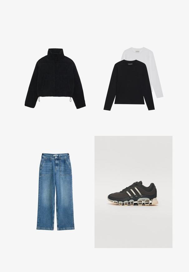 Čierny kordurový krátky kabát s vysokým golierom, cvokmi a dvoma bočnými vreckami. Obsahuje nastaviteľnú šnúrku na spodnom okraji.; Dvoje tričiek s dlhým rukávom: jedno čierne a jedno biele. Obe majú okrúhly výstrih a hladkú, rebrovanú štruktúru. Na vnútornom strane výstrihu je viditeľná značka.; Modré denimové džínsy s vysokým pásom a širokými nohavicami, prednými vreckami na záplaty, pútka na opasok a s predným gombíkom a zipsom.; Čierna športová obuv s textúrovaným zvrškom, tromi striebornými pruhmi a charakteristickou podošvou s viacerými integrovanými sekciami.