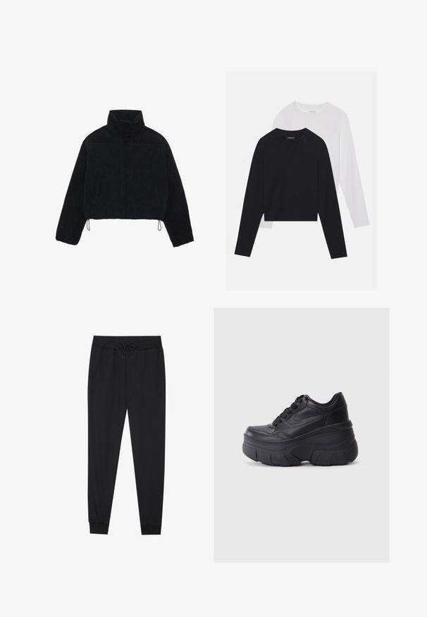 Schwarze Cordjacke mit Cropped-Schnitt, hohem Kragen, Druckknöpfen und zwei Seitentaschen. Verfügt über einen verstellbaren Kordelzug am Saum.; Zwei langärmelige Hemden: eines schwarz und eines weiß. Beide haben einen Rundhals, Raglanärmel und bestehen aus einem weichen Baumwollmischgewebe.; Schwarze Jogginghose aus weichem Stoff, mit elastischem Bund und Kordelzug, schmal zulaufenden Beinen und gerippten Bündchen an den Knöcheln.; Schwarze Schnürsneaker mit einer klobigen Sohle, ausgestattet mit einem glatten Leder-Obermaterial, runder Zehenpartie und markantem, geschichteten Plattformdesign.