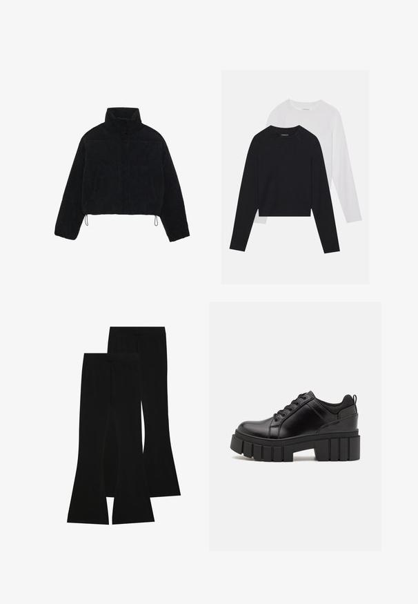 Casaco curto de veludo côr preto com colarinho alto, fechos de pressão e dois bolsos laterais. Apresenta um cordão ajustável na bainha.; Duas camisas de manga longa: uma preta e uma branca. Ambas apresentam um decote redondo, mangas raglan e um tecido macio em mistura de algodão.; Calças pretas largas feitas de tecido elástico, com uma cintura alta e uma textura suave, apresentando um design ajustado que se alarga a partir do joelho.; Sapatos de plataforma em couro preto com um salto bloco robusto, bico redondo e design clássico de atacadores. Apresentam uma textura suave e detalhes mínimos.