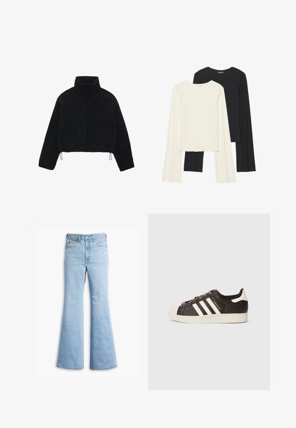 Casaco curto de veludo côr preto com colarinho alto, fechos de pressão e dois bolsos laterais. Apresenta um cordão ajustável na bainha.; Conjunto de duas blusas de manga longa em branco e preto. Textura canelada, decote redondo, design ajustado com mangas ligeiramente evasê.; Calças de ganga azul claro com boca de sino, com uma cintura alta, desvanecimento subtil, detalhes desgastados e design padrão de cinco bolsos.; Sapatilha Adidas Superstar de cano baixo em pele castanho escuro com biqueira de concha creme, riscas brancas e texto "Superstar" do lado.