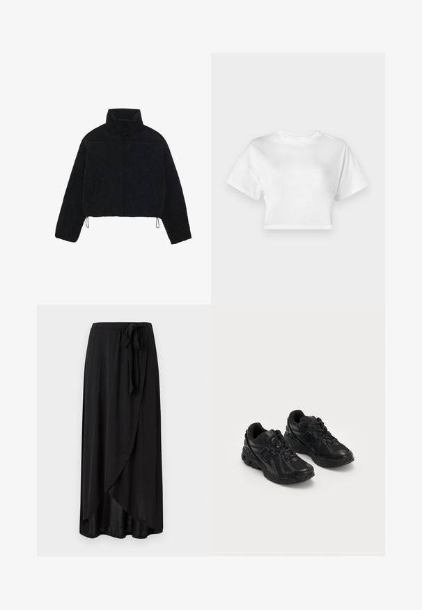 Schwarze Cordjacke mit Cropped-Schnitt, hohem Kragen, Druckknöpfen und zwei Seitentaschen. Verfügt über einen verstellbaren Kordelzug am Saum.; Weißes, kurzes T-Shirt aus Baumwolle. Kurze Ärmel, runder Ausschnitt, glatte Textur, lässiges Design ohne Muster oder Verzierungen.; Schwarzer Maxikleid aus leichtem Stoff, mit Wickeldesign, verstellbarem Taillenzug und fließender Silhouette mit abgerundetem Saum.; Schwarze Sportschuhe aus Mesh- und synthetischen Materialien. Sie verfügen über eine gepolsterte Sohle, strukturierte Muster und geprägte Markenzeichen an der Seite.