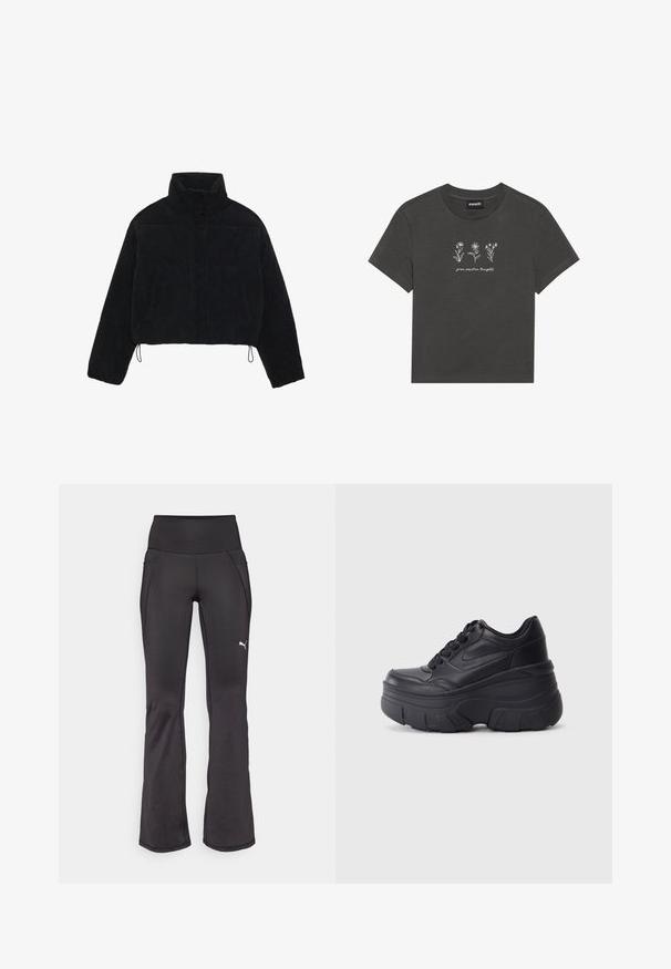 Zwarte corduroy cropped jas met een hoge kraag, drukknoopsluiting en twee zijzakken. Voorzien van een verstelbare trekkoord aan de zoom.; Charcoal-grijze T-shirt van zachte katoen, met witte geborduurde bloemen en de tekst "groei positieve gedachten" onder het ontwerp.; Zwarte flared fitnessbroek met een hoge tailleband, rekbaar weefsel, met een geborduurd wit merkembleem en subtiele stikseldetails.; Zwarte vetersneakers met een dikke zool, voorzien van een bovenwerk van soepel leer, een ronde neus en een herkenbaar gelaagd platformontwerp.
