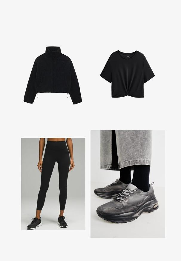 Schwarze Cordjacke mit Cropped-Schnitt, hohem Kragen, Druckknöpfen und zwei Seitentaschen. Verfügt über einen verstellbaren Kordelzug am Saum.; Schwarzes, kurz geschnittenes T-Shirt aus weichem Stoff, mit rundem Halsausschnitt, kurzen Ärmeln und einem geknoteten Frontdetail am Saum.; Schwarze hochtaillierte Leggings mit glatter Textur und figurbetontem Design, kombiniert mit schwarzen Sportschuhen mit weißer Sohle.; Schwarze und graue Sportschuhe verfügen über ein Obermaterial aus Mesh, dicke Sohlen und Schnürsenkel. Sie haben eine abgerundete Zehenpartie und sichtbare Dämpfungsdetails.