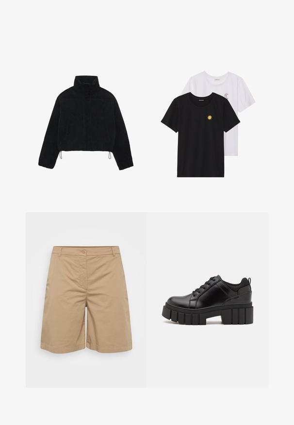 Juodas smailias trumpoji džinsinė striukė su aukštu apykakle, spaudėmis ir dviem šoninėmis kišenėmis. Yra reguliuojama virvutė prie hem.; Juodi ir balti marškinėliai, apvaliu kaklu, trumpomis rankovėmis. Juodi marškiniai su geltonu saulės siuvinėjimu; baltieji turi purpurinę pusmėnulio akcentą.; Chaki šortai, pagaminti iš minkštos medvilnės mišinio audinio, su tiesiomis kojomis, mygtuko užsegimu ir priekinėmis kišenėmis.; Juodi odiniai platformos batai su masyviu blokuota kulniuku, apvalia nosimi ir tradiciniu šnypštimo dizainu. Turintys glotnų paviršių ir minimalų dekoravimą.