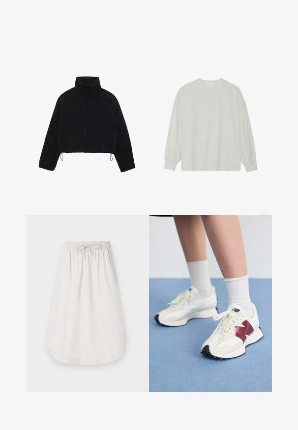 Čierny kordurový krátky kabát s vysokým golierom, cvokmi a dvoma bočnými vreckami. Obsahuje nastaviteľnú šnúrku na spodnom okraji.; Svetlošedé tričko s dlhým rukávom vyrobené z jemnej bavlny. Má voľný strih, okrúhly výstrih a jemne náramkové manžety. Bez vzorov alebo grafiky.; New Balance sukňa v tvare A - grey matter; Pár bielych tenisiek s bordovými akcentmi, štruktúrovanými panelmi, plochou čiernou podrážkou a svetlými šnúrkami, nosených s bielymi členkovými ponožkami.