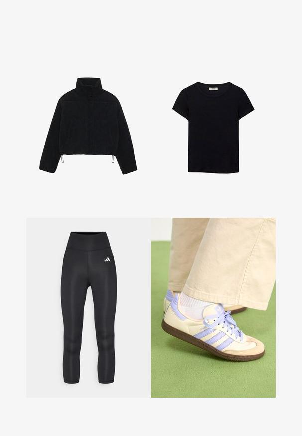 Black corduroy cropped jacket with a high collar, snap fasteners, and two side pockets. Features an adjustable drawstring at the hem.; Black short-sleeve t-shirt made of soft fabric. Features a classic crew neckline and a relaxed fit. No patterns or accents visible.; Black high-waisted leggings featuring a smooth, stretchy material and a small white Adidas logo on the left hip.; Cream and lavender sneakers with three stripes and a textured brown sole, featuring laces and a padded heel. Soft fabric upper.