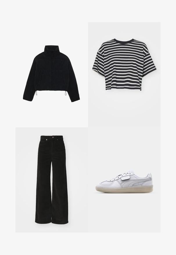 Fekete kordbársony cropped dzseki magas gallérral, patentgombokkal és két oldalsó zsebbel. Az alján állítható zsinór található.; Csíkos, rövid fazonú póló sötétkék és fehér színben. Rövid ujjú, kerek nyakkivágású, puha anyagból készült, vízszintes csíkokkal és laza szabással.; Fekete kordbársony széles lábú nadrág magas derékkal, két elülső zsebbel és fémből készült gombos záródással. Texturált anyag, függőleges bordákkal.; Fehér bőr sneaker szürke díszítésekkel, fűzős záródással és texturált gumitalppal. Kiemelkedő logóval rendelkezik az oldalon.