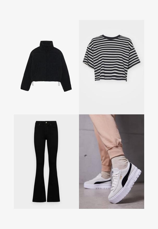 Fekete kordbársony cropped dzseki magas gallérral, patentgombokkal és két oldalsó zsebbel. Az alján állítható zsinór található.; Csíkos, rövid fazonú póló sötétkék és fehér színben. Rövid ujjú, kerek nyakkivágású, puha anyagból készült, vízszintes csíkokkal és laza szabással.; Fekete, magas derekú farmernadrág gomb- és cipzárzárral, elülső zsebekkel és harangszárral, laposan egy fehér háttérre terítve.; Fehér velúr sneaker fekete oldalsávval és arany márkajelzéssel, vastag fehér talppal és textúrált felülettel. Világos bézs melegítőnadrággal viselve.