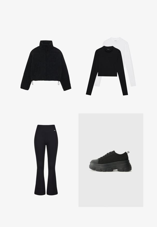 Svart corduroy cropped jakke med høy krage, trykknapper og to sidelommer. Har justerbar snøring i kanten.; Sett med to langermede crop tops i svart og hvitt. Laget av myk stoff med rund hals og tettsittende silhuett.; Svarte ribbede flared bukser med høy midje. Glatt tekstur og tettsittende silhuett som smalner inn mot knærne før de flarer ut.; Svarte sneakers med en kraftig gummisåle, teksturert stoffoverdel, rund tå og snøring. Har forsterkede snørehull og bakre trekkstang.