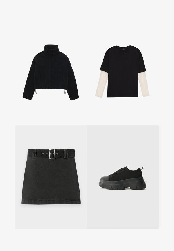 Svart corduroy cropped jakke med høy krage, trykknapper og to sidelommer. Har justerbar snøring i kanten.; Svart T-skjorte laget av bomull, med korte ermer over et hvitt langermet lag med en subtil teksturert mønster. Rund hals design.; Svarte denim mini-skjørt med tilhørende belte med metallspenne og beltesløyfer, vist flatt på en hvit bakgrunn.; Svarte sneakers med en kraftig gummisåle, teksturert stoffoverdel, rund tå og snøring. Har forsterkede snørehull og bakre trekkstang.