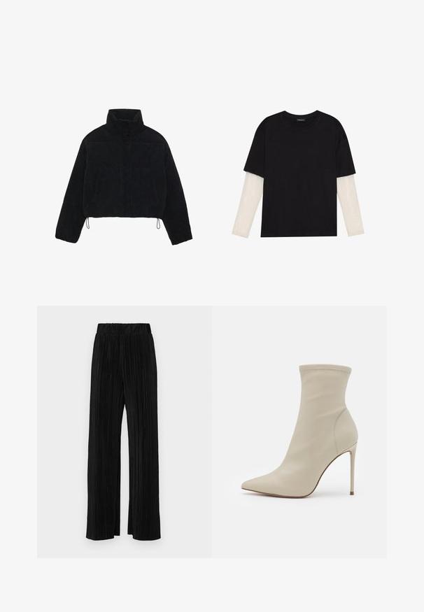 Czarna kurtka z kordurowego materiału o kroju cropped, z wysokim kołnierzem, zapięciami na napy i dwoma bocznymi kieszeniami. Posiada regulowany sznurek na dole.; Czarny T-shirt wykonany z bawełny, z krótkimi rękawami na białej warstwie z długim rękawem z delikatnym teksturowanym wzorem. Projekt z okrągłym dekoltem.; Czarne spodnie plisowane z elastycznym paskiem w talii. Posiadają szerokie nogawki oraz gładki, teksturowany materiał z pionowymi paskami.; Beżowe skórzane botki za kostkę z szpiczastym noskiem, ciasnym dopasowaniem, gładką fakturą, wysokim obcasem w kształcie stiletto oraz subtelnym zdobieniem szwem wzdłuż otwarcia.