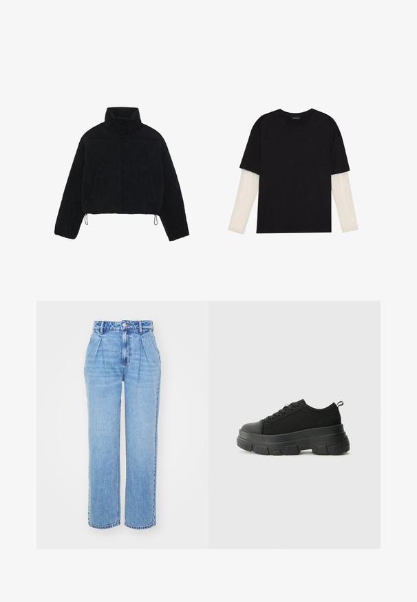 Melna korduroja īsa jaka ar augstu apkakli, spiedpogu aizdari un divām sānu kabatām. Iekļauts regulējams aukla apakšmalā.; Melna kokvilnas T-kreklu ar īsām piedurknēm, virs baltas garām piedurknēm ar smalku teksturētu rakstu. Apaļas kakla izgriezuma dizains.; Gaiši zili džinsi ar augstu jostas vietu, platu kāju sagriezumu un priekšējo ielokiem. Iekļauj tipisku šuvumu un pogu aizdari jostasvietā.; Melnas kedas ar masīvu gumijas zoli, teksturētu auduma augšdaļu, apaļu purngalu un saistīšanas dizainu. Iekļautas pastiprinātas acs atveres un aizmugurējais cilpiņas siksniņa.