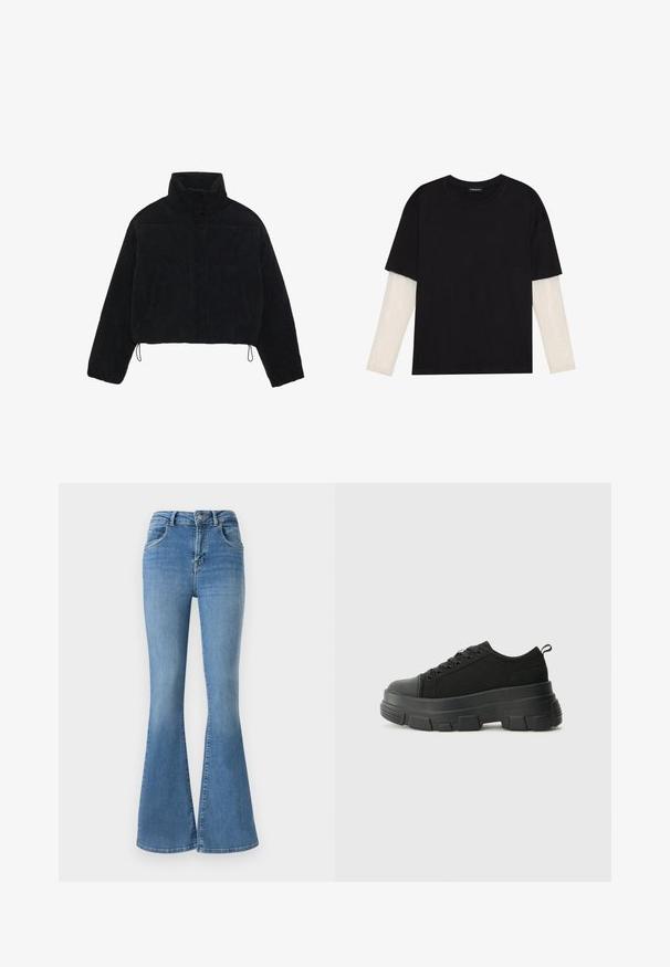 Black corduroy cropped jacket with a high collar, snap fasteners, and two side pockets. Features an adjustable drawstring at the hem.; Black T-shirt made of cotton, featuring short sleeves over a white long-sleeve layer with a subtle textured pattern. Crew neckline design.; Flared jeans made of blue denim, featuring a high waist, zipper and button closure, and a faded design with subtle whiskering details.; Black sneakers with a chunky rubber sole, textured fabric upper, round toe, and lace-up design. Features reinforced eyelets and back pull tab.