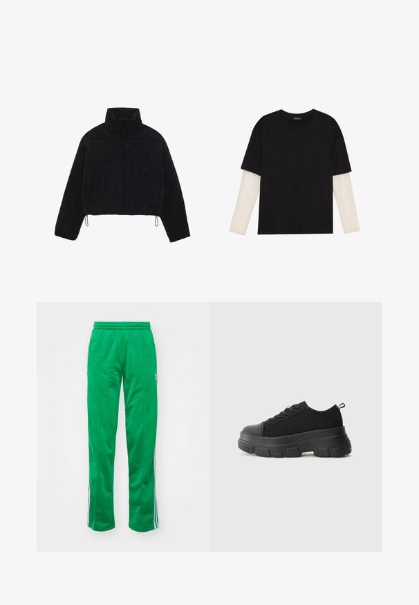 Čierny kordurový krátky kabát s vysokým golierom, cvokmi a dvoma bočnými vreckami. Obsahuje nastaviteľnú šnúrku na spodnom okraji.; Čierne tričko z bavlny, s krátkymi rukávmi cez biele tričko s dlhým rukávom, s jemným textúrovaným vzorom. Design s okrúhlym výstrihom.; Zelené športové nohavice vyrobené z hladkého materiálu; majú elastický pás a biele pruhy na stranách.; Čierne tenisky s masívnou gumovou podrážkou, textúrovaným textilným zvrškom, okrúhlou špičkou a šnurovaním. Obsahujú spevnené očká a zadný úchop.