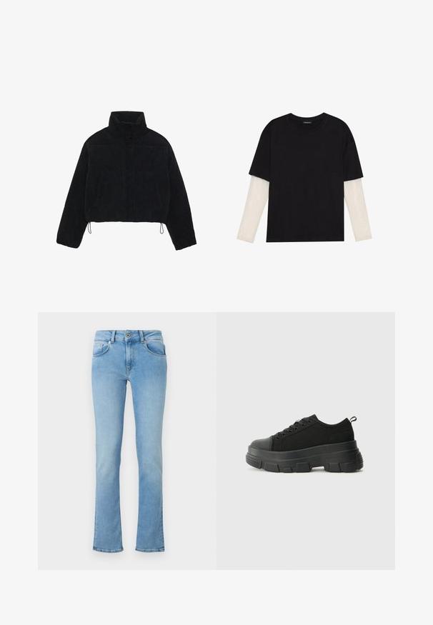 Melna korduroja īsa jaka ar augstu apkakli, spiedpogu aizdari un divām sānu kabatām. Iekļauts regulējams aukla apakšmalā.; Melna kokvilnas T-kreklu ar īsām piedurknēm, virs baltas garām piedurknēm ar smalku teksturētu rakstu. Apaļas kakla izgriezuma dizains.; Gai zila džinsu bikses ar pieguļošu jostasvietu, paplatinātām kājām, piecu kabatu dizainu un pogu aizdari. Audumam ir gluda tekstūra.; Melnas kedas ar masīvu gumijas zoli, teksturētu auduma augšdaļu, apaļu purngalu un saistīšanas dizainu. Iekļautas pastiprinātas acs atveres un aizmugurējais cilpiņas siksniņa.