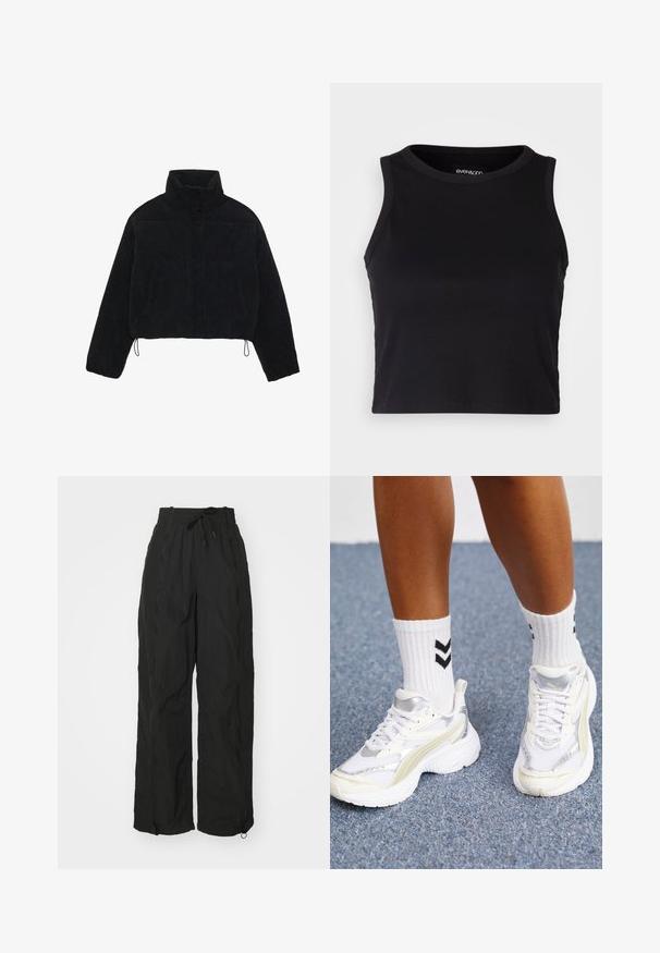 Jachetă scurtă din catifea neagră, cu guler înalt, capse și două buzunare laterale. Are un șnur ajustabil la tiv.; Top scurt ribbed negru, cu decolteu rotund și fără mâneci. Fabricat dintr-un material moale și elastic, având margini finisate.; Pantaloni negri, cu picioare late, confecționați dintr-un material ușor, texturat. Prezintă un tiv elastic la talie, detalii cu șnur și deschideri cu fermoar la glezne.; Adidași albi cu accente argintii, din material tip plasă, și un design masiv. Împerecheați cu șosete albe cu modele în zigzag negre.