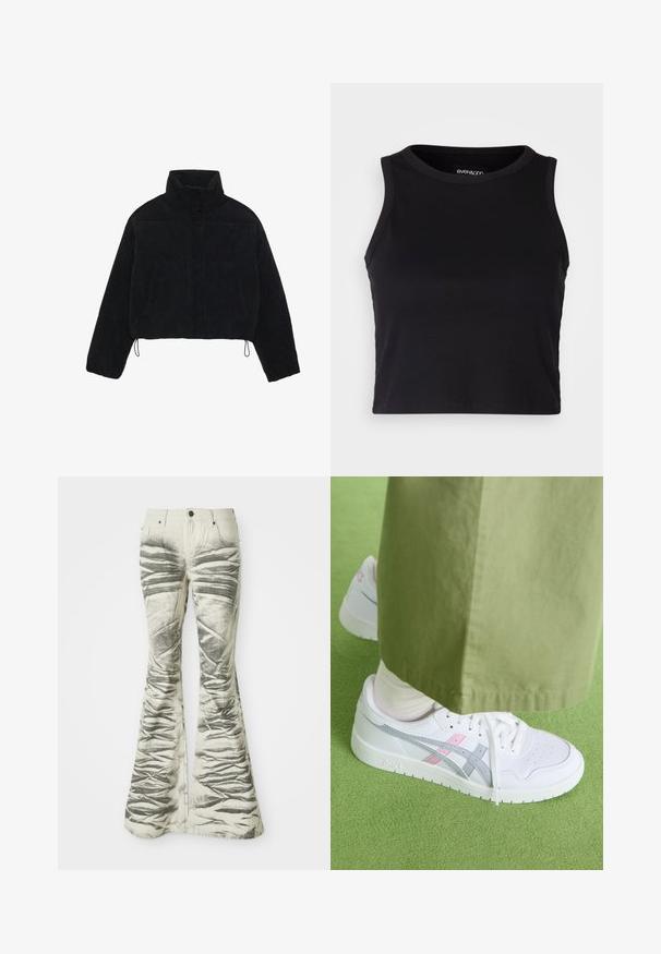Fekete kordbársony cropped dzseki magas gallérral, patentgombokkal és két oldalsó zsebbel. Az alján állítható zsinór található.; Fekete bordás crop tank top kerek nyakkivágással és ujjtalan dizájnnal. Puha, rugalmas anyagból készült, tiszta, lekerekített szélű részletekkel.; Világos színű, bővülő farmernadrág fekete, texturált vízszintes csíkokkal és gyűrött részletekkel, elülső zsebekkel és fémből készült gombos záródással.; Fehér sportcipő szürke és rózsaszín kiegészítőkkel, sima bőr felsőrésszel, perforált orral és lapos fehér talppal, olíva zöld nadrággal párosítva.
