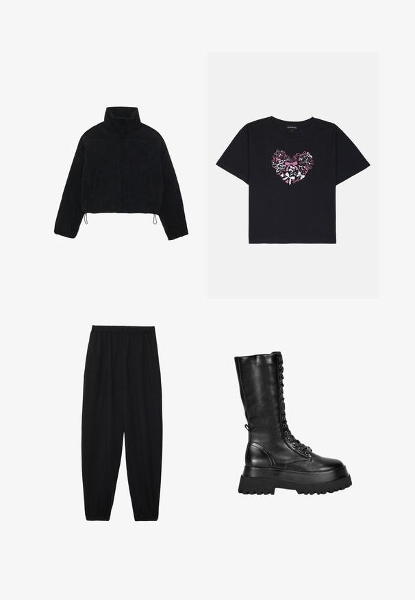 Veste cropped en velours côtelé noir avec un col haut, des boutons-pression et deux poches latérales. Dotée d'un cordon de serrage ajustable à l'ourlet.; T-shirt en coton noir à manches courtes avec un design de cœur composé de nœuds colorés en rose, blanc et noir au centre.; Pantalons noirs légers avec une taille élastique et des chevilles froncées. Le tissu est lisse et présente un design décontracté et fuselé.; Bosanova CON CORDONES - Bottes à plateau - black