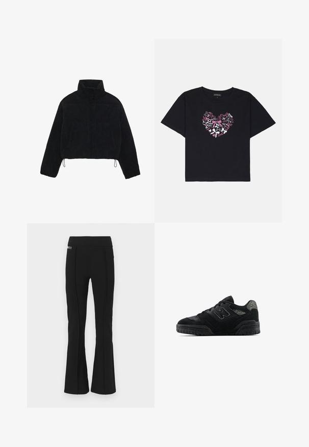 Zwarte corduroy cropped jas met een hoge kraag, drukknoopsluiting en twee zijzakken. Voorzien van een verstelbare trekkoord aan de zoom.; Zwarte katoenen t-shirt met korte mouwen, voorzien van een hartontwerp gemaakt van kleurrijke strikken in roze, wit en zwart in het midden.; Zwarte hoge taille flared broeken met details van voornaad en een kleine merkpatch aan de bovenkant van de linkerkant.; Zwarte low-top sneaker met een gestructureerde zool, vetersluiting, suède panelen en een patroonaccent op de hiel en het zijlogo.