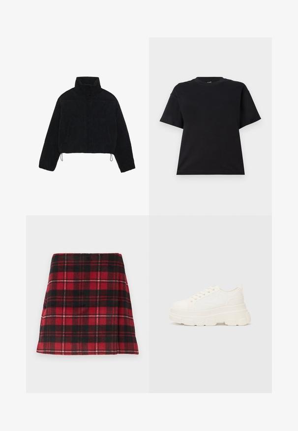 Čierny kordurový krátky kabát s vysokým golierom, cvokmi a dvoma bočnými vreckami. Obsahuje nastaviteľnú šnúrku na spodnom okraji.; Čierne tričko s krátkym rukávom vyrobené z bavlny. Má okrúhly výstrih, voľný strih a jednoduchý dizajn bez vzorov alebo akcentov.; Červeno-čierna kockovaná minisukňa, vyrobená z mäkkej tkaniny s rozšíreným strihom, s horizontálnym šitím a čistým lemom.; Biele plátené tenisky s hrubou podrážkou, zaoblenou špičkou a piatimi očkami na šnúrky. Zadný popruh pre jednoduché obúvanie. Hladká textúra, minimalistický dizajn.