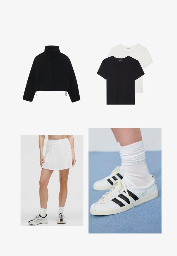 Černá kordurová zkrácená bunda s vysokým límcem, patentky a dvěma bočními kapsami. Obsahuje nastavitelnou šňůrku na lemu.; Dvě trička s krátkým rukávem v černé a bílé barvě. Vyrobena z měkké bavlny, mají kulatý výstřih a standardní střih s minimálními švy.; Bílá plisovaná mini sukně se širokým páskem, v kombinaci s černobílými sportovními botami. Texturovaná tkanina s ostrými plisami.; Bílé kožené tenisky s černými pruhy, krémovou podešví a světlými tkaničkami. Nosené s bílými žebrovanými ponožkami, umístěné na modrém pozadí.