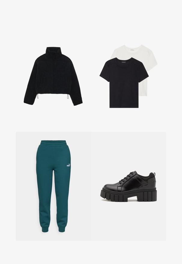 Musta corduroy-tyylinen lyhyt takki, jossa on korkea kaulus, nepparikiinnitys ja kaksi sivutaskua. Takissa on säädettävä nyöri helmassa.; Kaksi lyhythihaista t-paitaa mustana ja valkoisena. Valmistettu pehmeästä puuvillasta, jossa on pyöreä kaula-aukko ja normaali istuvuus, jossa on minimaalista ompelutaitoa.; Tumman teal-väriset collegehousut, joissa on joustava vyötärö, kapenevat lahkeet ja valkoinen PUMA-logo. Valmistettu pehmeästä, tekstuuripintaisesta kankaasta.; Mustat nahkakengät, joissa on lättihenkinen korko, pyöreä kärki ja perinteinen nauhakiinnitys. Ominaisuuksiin kuuluu sileä pintakuvio ja minimaalinen yksityiskohtaisuus.