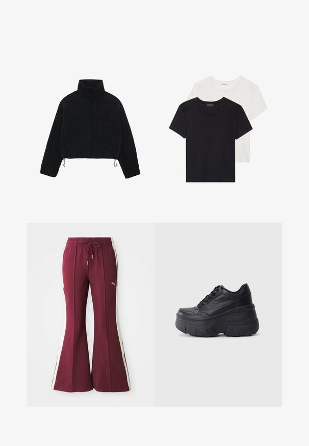 Schwarze Cordjacke mit Cropped-Schnitt, hohem Kragen, Druckknöpfen und zwei Seitentaschen. Verfügt über einen verstellbaren Kordelzug am Saum.; Zwei Kurzarm-T-Shirts in Schwarz und Weiß. Aus weicher Baumwolle gefertigt, mit einem runden Halsausschnitt und standardmäßiger Passform, die dezente Nähedetails aufweisen.; Bordeauxfarbene, ausgestellte Hose mit seitlichen weißen Streifen, Kordelzugbund und goldener Branding. Weicher Stoff mit strukturierter Oberfläche und schmal zulaufenden Beinen.; Schwarze Schnürsneaker mit einer klobigen Sohle, ausgestattet mit einem glatten Leder-Obermaterial, runder Zehenpartie und markantem, geschichteten Plattformdesign.