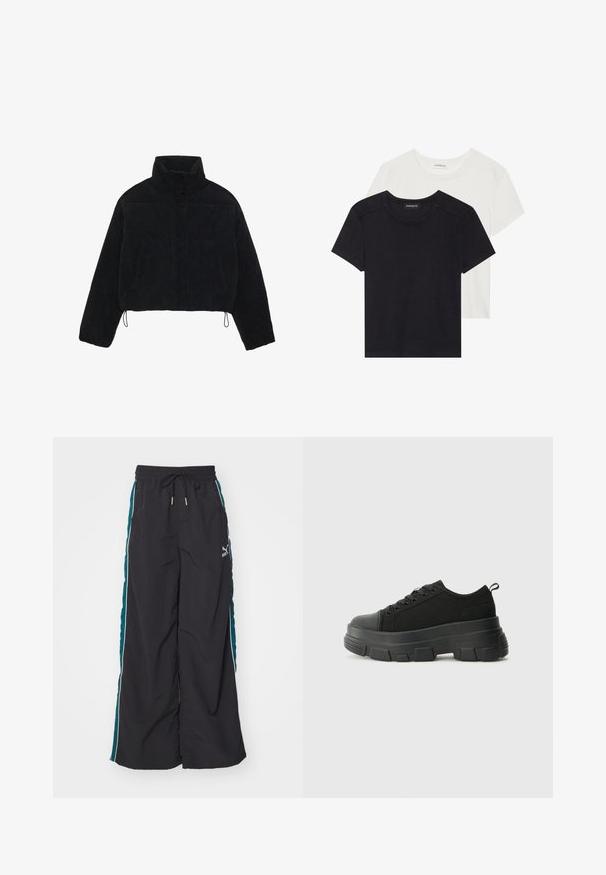 Čierny kordurový krátky kabát s vysokým golierom, cvokmi a dvoma bočnými vreckami. Obsahuje nastaviteľnú šnúrku na spodnom okraji.; Dvoje tričiek s krátkym rukávom v čiernej a bielej farbe. Vyrobené z jemnej bavlny, s okrúhlym výstrihom a štandardným strihom s minimálnym detailom šitia.; Čierne široké nohavice s elastickým pásom, tehlovými bočnými panelmi a bielymi akcentnými pruhmi. Vyrobené z hladkého, ľahkého materiálu.; Čierne tenisky s masívnou gumovou podrážkou, textúrovaným textilným zvrškom, okrúhlou špičkou a šnurovaním. Obsahujú spevnené očká a zadný úchop.
