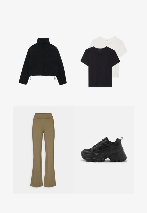 Chaqueta de pana negra cortada con un cuello alto, cierres a presión y dos bolsillos laterales. Presenta un cordón ajustable en el dobladillo.; Dos camisetas de manga corta en negro y blanco. Hechas de algodón suave, con un escote redondo y un ajuste estándar con un detalle de costura mínimo.; Pantalones acampanados color verde oliva, hechos de un tejido suave con una cinturilla alta. Presentan una textura lisa y no tienen patrones visibles ni acentos en metal.; Zapatillas deportivas negras con parte superior de malla texturizada, suela de goma curvada y un patrón de desgaste prominente. Cuenta con cordones integrados y una lengüeta.