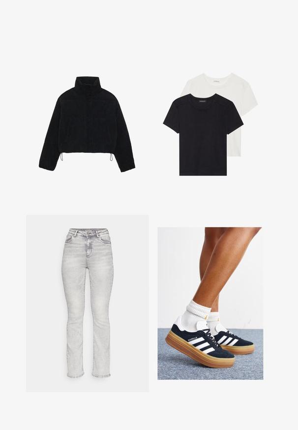 Veste cropped en velours côtelé noir avec un col haut, des boutons-pression et deux poches latérales. Dotée d'un cordon de serrage ajustable à l'ourlet.; Deux T-shirts à manches courtes en noir et blanc. Fabriqués en coton doux, avec un col rond et une coupe standard, avec peu de détails de couture.; Jean en denim gris clair avec une taille haute, une coupe droite, un design à cinq poches et des détails de décoloration subtils sur l'ensemble du tissu.; Baskets en daim noir avec des rayures et des accents blancs, bout arrondi, semelle extérieure en caoutchouc gomme, associées à des chaussettes blanches côtelées mi-mollet.