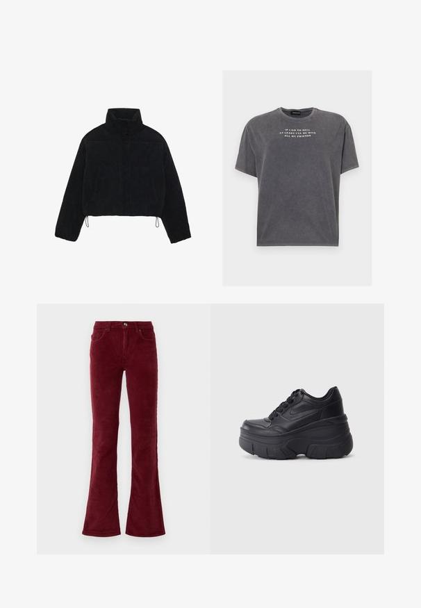 Melna korduroja īsa jaka ar augstu apkakli, spiedpogu aizdari un divām sānu kabatām. Iekļauts regulējams aukla apakšmalā.; Even&Odd TONIA TEE - Apdrukāts T-krekls - black; Burgundijas krāsas korduroja platās bikses ar priekšējiem kabatām, jostas cilpām un pogas aizdari uz vienkrāsaina balta fona.; Melni šņorējami sporta apavi ar biezu zoli, ar gludu ādas augšdaļu, noapaļotu purngalu un izteiktu slāņveida platformas dizainu.