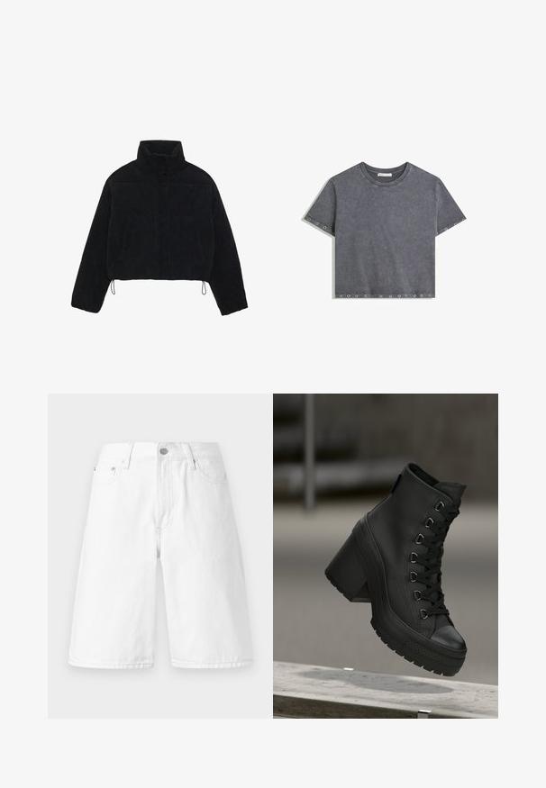 Czarna kurtka z kordurowego materiału o kroju cropped, z wysokim kołnierzem, zapięciami na napy i dwoma bocznymi kieszeniami. Posiada regulowany sznurek na dole.; Krótki rękaw, szary top crop z przetartego materiału, z metalowymi oczkami wzdłuż rękawów i dolnego brzegu, okrągły dekolt, położony na białym tle.; Białe szorty dżinsowe o prostym kroju, z kieszeniami z przodu, z zapięciem na guzik oraz gładką, czystą teksturą.; Czarne wysokie buty na platformie z teksturowanej skóry, z przodem sznurowanym i masywnym obcasem. Posiadają gumową podeszwę z wyraźnymi wzorami bieżnika.