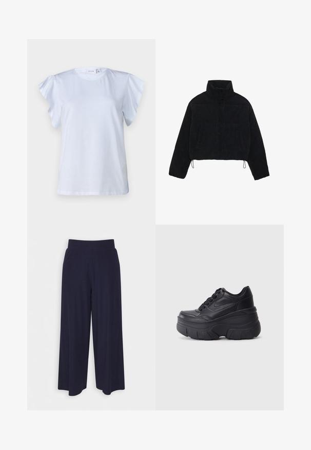 Juodas smailias trumpoji džinsinė striukė su aukštu apykakle, spaudėmis ir dviem šoninėmis kišenėmis. Yra reguliuojama virvutė prie hem.; Balta marškinėlių su trumpomis raukinėmis, apvaliu kaklu ir minkšta medvilnine medžiaga. Paprastas dizainas be raštų ar akcentų.; Plati kojinės tamsiai mėlynos spalvos audiniu su vagelėmis. Turi lygų juosmenį ir laisvą siluetą, kuris siekia iki pusės blauzdos.; Juodi lakuoti sportbačiai su masyviu padu, turintys sklandų odinį viršų, suapvalintą pirštą ir išskirtinį sluoksniuotą platformos dizainą.