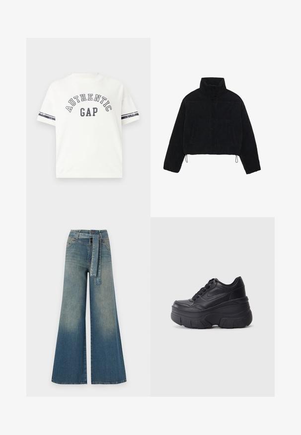 Černá kordurová zkrácená bunda s vysokým límcem, patentky a dvěma bočními kapsami. Obsahuje nastavitelnou šňůrku na lemu.; Bílý tričko s potiskem "AUTHENTIC GAP" v námořnické modři. Krátké rukávy mají námořnické pruhy. Vyrobeno z měkké, hladké bavlny.; Džínové kalhoty širokého střihu s přechodem od světlé k tmavě modré, vysokým pasem, poutky na opasek a odpovídajícím opaskem ze stejného materiálu. Texturovaná džínovina.; Černé šněrovací tenisky s robustní podrážkou, s hladkým koženým svrškem, zaoblenou špičkou a výrazným vrstveným designem platformy.