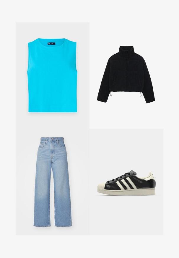 Chaqueta de pana negra cortada con un cuello alto, cierres a presión y dos bolsillos laterales. Presenta un cordón ajustable en el dobladillo.; Top sin mangas de un brillante color turquesa, hecho de suave algodón. Presenta un escote redondo y un dobladillo recto y corto sin cierres visibles.; Jeans de tiro alto y pernera ancha en azul claro, con cierre frontal de botón y cremallera, y bolsillos delantero y trasero, sobre un fondo blanco.; Zapatilla de cuero negro con rayas blancas, puntera de goma, cordones negros y suela color crema. Textura suave con acabado brillante.