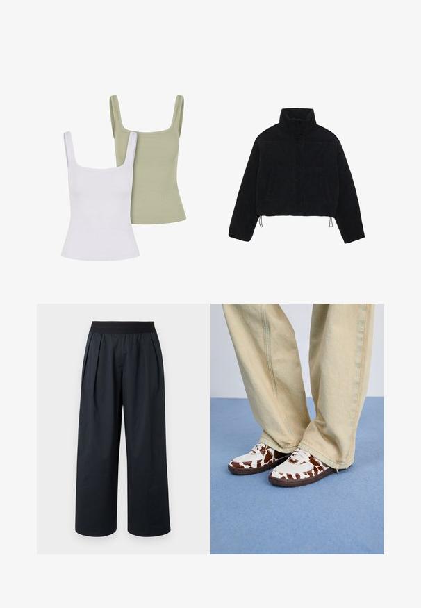 Svart corduroy cropped jakke med høy krage, trykknapper og to sidelommer. Har justerbar snøring i kanten.; To ribba t-skjorter; en hvit og en dempet grønn. Begge har firkantede utringninger og brede stropper, laget av myk, elastisk stoff.; Svarte vidbukse med folder foran, elastisk midjebånd og glatt stofftekstur. Har en løs passform og kort lengde.; Hvite og brune mønstrede joggesko med mesh og lær, med brune gummislipper. Kombinert med lyse beige vide bukser.