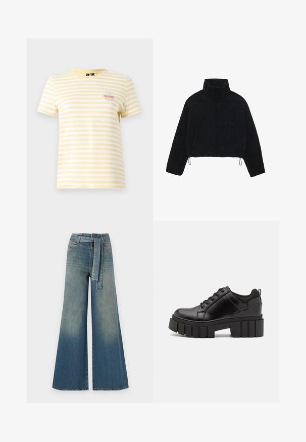 Svart corduroy cropped jakke med høy krage, trykknapper og to sidelommer. Har justerbar snøring i kanten.; Gul og hvit stripete t-skjorte med korte ermer og rund hals. Har en brodert "Sommer" grafikk og palme- detalj.; Bredde ben jeans med en lyseblå til mørkeblå gradient, høyt liv, beltehemper og et matchende belte i samme stoff. Teksturert denimoverflate.; Svarte lærplattformsko med kraftig blokkhell, rund tå og tradisjonell snøring. Har en jevn tekstur og minimal detaljering.