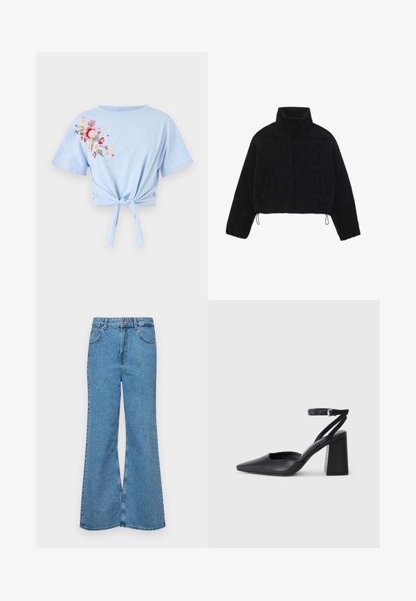 Chaqueta de pana negra cortada con un cuello alto, cierres a presión y dos bolsillos laterales. Presenta un cordón ajustable en el dobladillo.; Camiseta corta de color azul claro con escote redondo y mangas cortas, que presenta bordados florales en rosa y amarillo en el lado izquierdo y un detalle de nudo atado.; Jeans acampanados de color azul claro hechos de denim, con una cintura alta, cinco bolsillos y un cierre de botón. Textura suave con acabado desgastado.; Zapato de tacón puntiagudo de cuero negro con tira en el tobillo y tacón ancho. Textura plana, diseño elegante y estética minimalista.