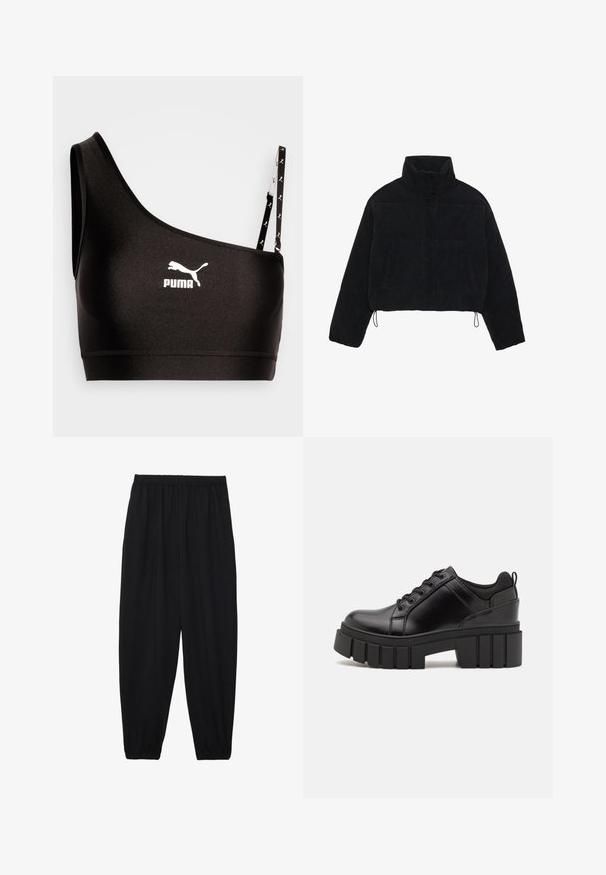 Čierny kordurový krátky kabát s vysokým golierom, cvokmi a dvoma bočnými vreckami. Obsahuje nastaviteľnú šnúrku na spodnom okraji.; Čierny športový podprsenka s jedným ramienkom, s bielym logom Puma. Hladká, elastická tkanina s elegantným dizajnom a kontrastnými detailmi na ramienku.; Čierne, ľahké nohavice s elastickým pásom a zúženými nohavicami. Tkanina je hladká a má voľný, zúžený strih.; Čierne kožené platformy s masívnym blokovým podpätkom, okrúhlou špičkou a tradičným šnurovaním. Má hladký povrch a minimálne detaily.