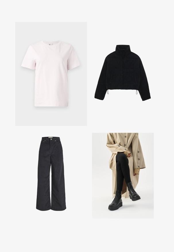 Jachetă scurtă din catifea neagră, cu guler înalt, capse și două buzunare laterale. Are un șnur ajustabil la tiv.; Tricou scurt cu mânecă scurtă, de culoare roz deschis, fabricat din bumbac, cu guler rotund și o croială lejeră. Textură netedă, fără modele sau accente.; Pantaloni largi din catifea neagră cu talie înaltă, închidere cu buton frontal și două buzunare laterale. Textură moale și siluetă dreaptă.; Cizme negre din piele până la gleznă, cu detalii cu șireturi, talpă platformă înălțată și colanți negri texturați, purtați cu un trench de culoare bej deschis.