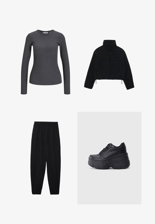 Crna krojena baršunasta jakna s visokim ovratnikom, kopčanjem na drukere i dva bočna džepa. Ima podesivu vezicu na rubu.; Dugih rukava, rebrasti gornji dio u tamnosivoj boji. Karakterizira ga okrugli izrez i prilagođen silueta. Izrađeno od rastezljivog materijala za udobnost.; Crne, lagane hlače s elastičnom stražnjom pasicom i naboranim gležnjevima. Tkanina je glatka i ima opušteni, suženi dizajn.; Crne tenisice na vezanje s debelim potplatom, koje imaju glatku kožnu gornju stranu, zaobljeni vrh i izražen slojeviti dizajn platforme.