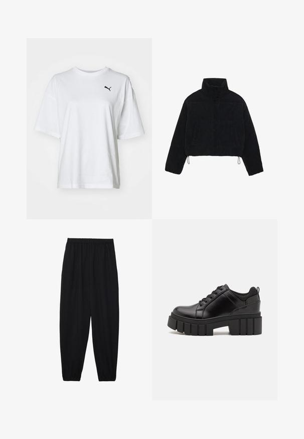 Czarna kurtka z kordurowego materiału o kroju cropped, z wysokim kołnierzem, zapięciami na napy i dwoma bocznymi kieszeniami. Posiada regulowany sznurek na dole.; Biała bawełniana koszulka z okrągłym dekoltem, krótkimi rękawami i czarnym logo Puma na lewej klatce piersiowej.; Czarne, lekkie spodnie z elastycznym pasem i ściągaczami na kostkach. Materiał jest gładki i ma luźny, zwężany krój.; Czarne skórzane buty na platformie z masywnym słupkowym obcasem, okrągłym noskiem i klasycznym sznurowaniem. Posiadają gładką teksturę i minimalne wykończenia.