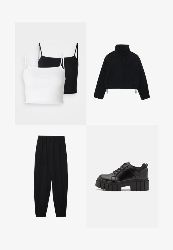 Black corduroy cropped jacket with a high collar, snap fasteners, and two side pockets. Features an adjustable drawstring at the hem.; Two ribbed camisoles in white and black, featuring thin adjustable straps and a cropped design. Soft fabric with a smooth texture.; Black, lightweight pants with an elastic waistband and gathered ankles. The fabric is smooth and features a relaxed, tapered design.; Black leather platform shoes with a chunky block heel, round toe, and traditional lace-up design. Features smooth texture and minimal detailing.