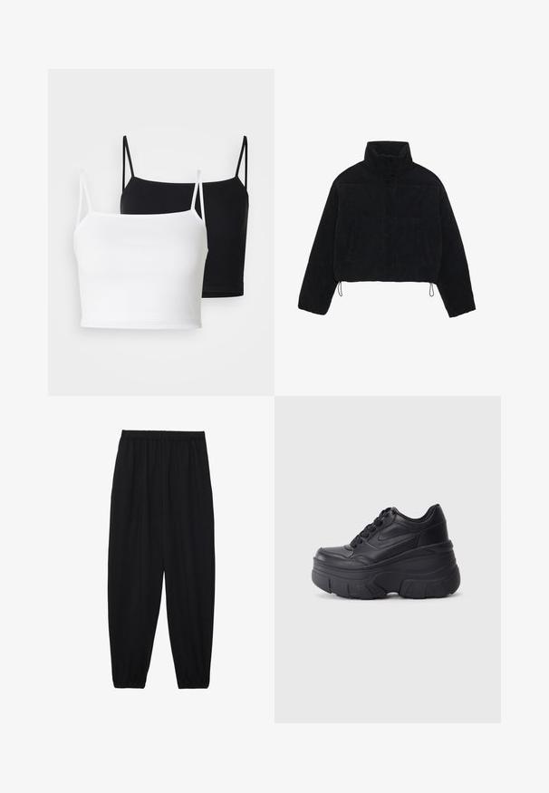 Black corduroy cropped jacket with a high collar, snap fasteners, and two side pockets. Features an adjustable drawstring at the hem.; Two ribbed camisoles in white and black, featuring thin adjustable straps and a cropped design. Soft fabric with a smooth texture.; Black, lightweight pants with an elastic waistband and gathered ankles. The fabric is smooth and features a relaxed, tapered design.; Black lace-up sneakers with a chunky sole, featuring smooth leather upper, rounded toe, and distinct layered platform design.