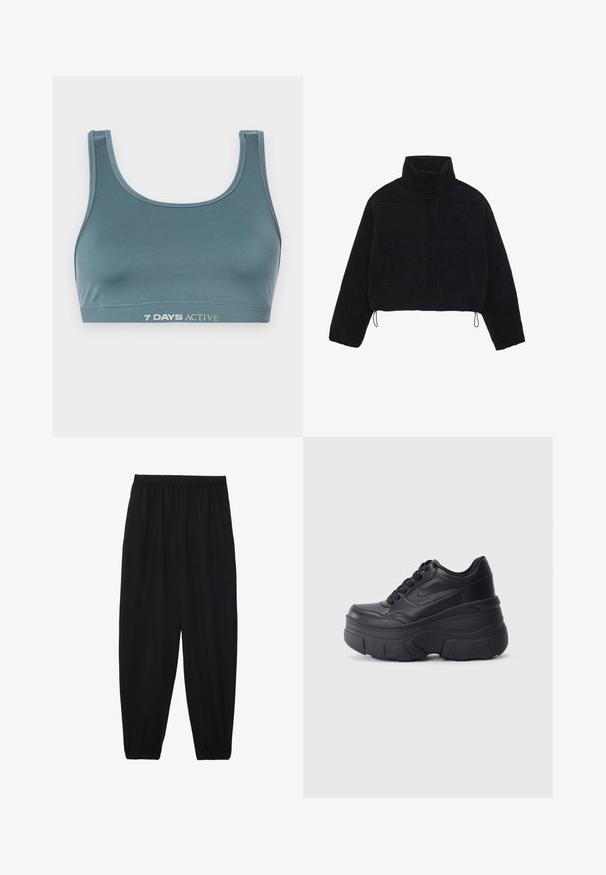 Juodas smailias trumpoji džinsinė striukė su aukštu apykakle, spaudėmis ir dviem šoninėmis kišenėmis. Yra reguliuojama virvutė prie hem.; Tamsiai žalia sportinė liemenėlė, pagaminta iš minkštos, tamprios medžiagos. Pasipuošusi apvaliu iškirpimu ir elastine juosta, ant kurios šviesiomis spalvomis atspausdinta "7 DAYS ACTIVE".; Juodi, lengvi kelnių su elastinga juosmens juosta ir surinktais kulkšniais. Audinys yra lygus ir turi atsipalaidavusį, siaurėjantį dizainą.; Juodi lakuoti sportbačiai su masyviu padu, turintys sklandų odinį viršų, suapvalintą pirštą ir išskirtinį sluoksniuotą platformos dizainą.