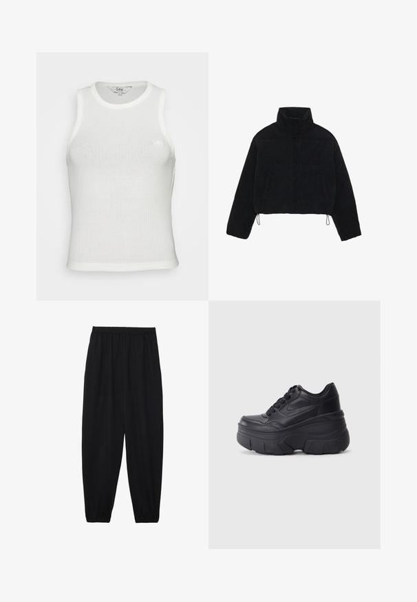 Czarna kurtka z kordurowego materiału o kroju cropped, z wysokim kołnierzem, zapięciami na napy i dwoma bocznymi kieszeniami. Posiada regulowany sznurek na dole.; Biała, prążkowana koszulka bez rękawów z okrągłym dekoltem i dopasowanym krojem. Na przodzie znajduje się małe, dyskretne logo Lee wyszyte w subtelny sposób.; Czarne, lekkie spodnie z elastycznym pasem i ściągaczami na kostkach. Materiał jest gładki i ma luźny, zwężany krój.; Czarne sznurowane trampki z masywną podeszwą, z gładkim skórzanym wierzchem, zaokrąglonym noskiem i wyraźnym, warstwowym designem platformy.