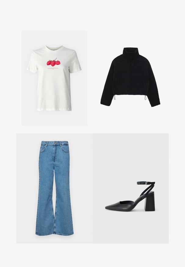 Črna korduroj jakna skrajšane dolžine z visokim ovratnikom, sponkami na sponke in dvema stranskima žepoma. Ima prilagodljivo vrvico na roba.; ONLY ONLKATE TEE - Potiskana majica - cloud dancer; Svetlo modri razširjeni džins hlače iz denima, z visokim pasom, petimi žepi in enim gumbom za zapiranje. Mehka tekstura z blagim zbledelim videzom.; Črne usnjene klasične čevlje z ostrim nosom, z zaponko za gleženj in debelim peto. Ravna tekstura, eleganten dizajn in minimalistična estetika.