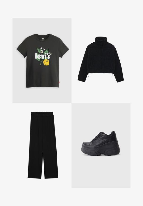 Black corduroy cropped jacket with a high collar, snap fasteners, and two side pockets. Features an adjustable drawstring at the hem.; Black cotton t-shirt featuring a lemon graphic, white text reading "levi's," and floral accents in green and white. Short sleeves, crew neck.; Black wide-leg trousers with a ruffled waistband, featuring two side pockets and a smooth, lightweight fabric. No visible patterns or hardware.; Black lace-up sneakers with a chunky sole, featuring smooth leather upper, rounded toe, and distinct layered platform design.